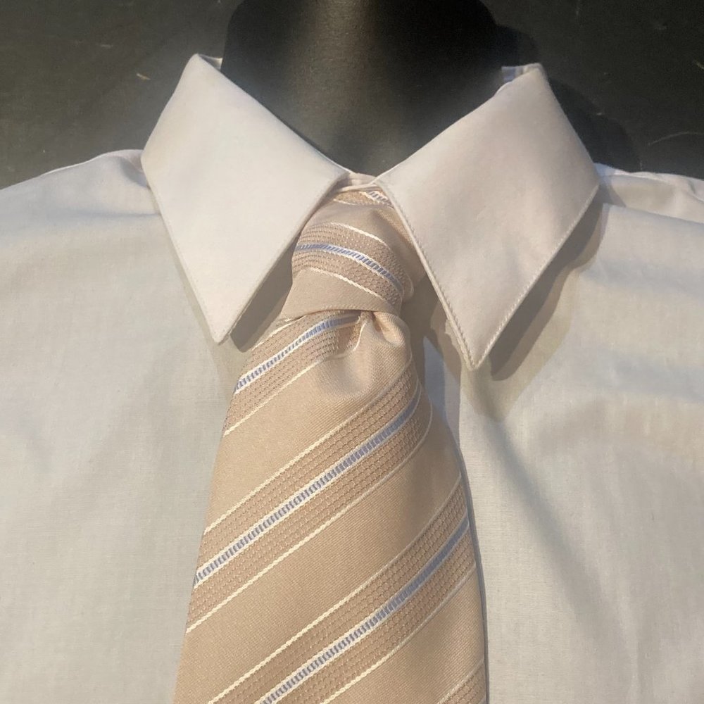 Hugo Boss Mens Silk Necktie Ivory Off White Blue Striped Tie Italy